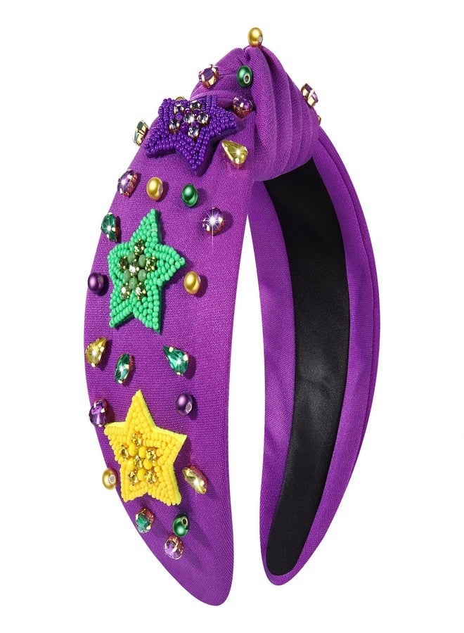 MOLOCH Mardi Gras Headband for Women Beaded Purple Yellow Green Stars Knotted Headband Carnival Jeweled Crystal Top Knot Hairband Fat Tuesday Hair Accessories Gifts - Image 1